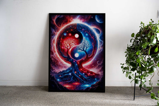 Yin Yang Space Landscape in Red and Blue Asian Style Poster | Wall Art for Home & Office | High-Quality Print - High-Quality Visual Display