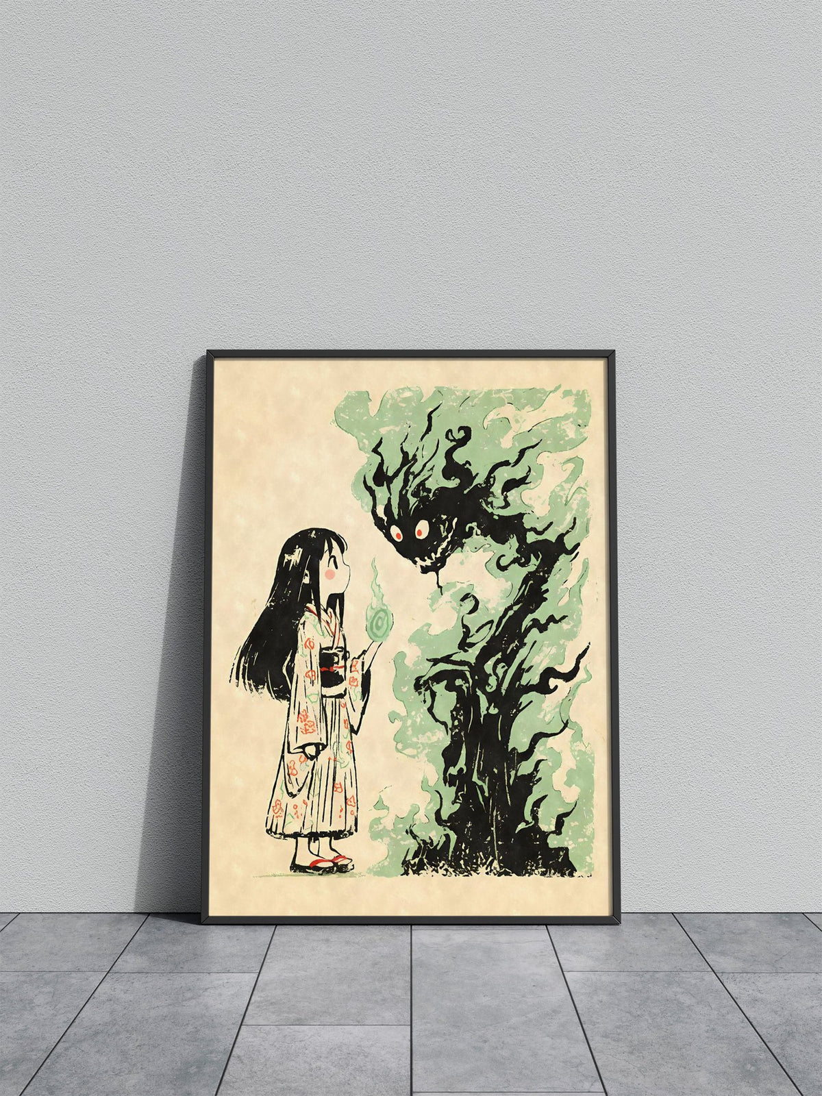Yokai Girl and Flame Spirit Asian Style Poster | Wall Art for Home & Office | High-Quality Print - High-Quality Visual Display
