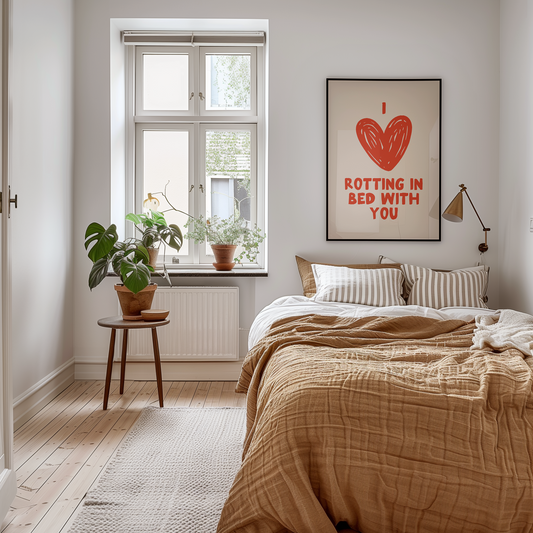 I Love Rotting In Bed With You | Red and Cream | Art Print - High-Quality Premium Wall Art Decor Sticker