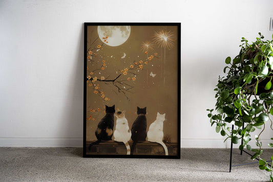 cat moon night Asian Style Poster | Wall Art for Home & Office | High-Quality Print - High-quality vinyl skin wrap