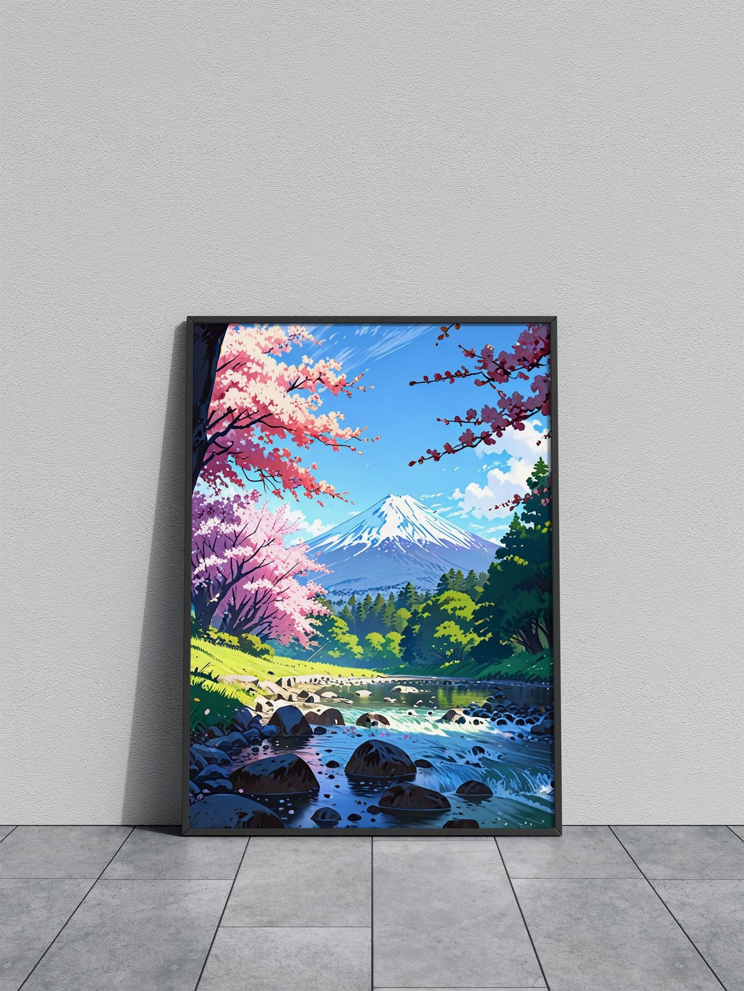 cherry blossom Japan art fuji mountain spring landscape green forest trees lake and rocks anime style colorful cute scene white clouds and sky Asian Style Poster | Wall Art for Home & Office | High-Quality Print