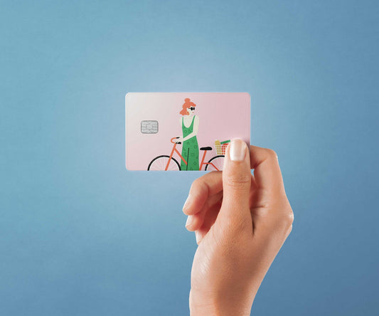 Watercolor girl on bike design | credit card sticker | small chip | credit card skin for nursery and home wall decor.