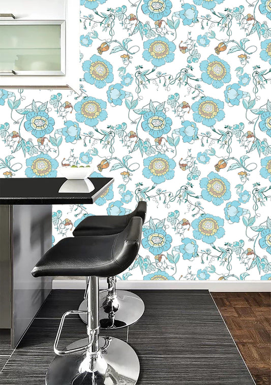 Flowers in chinoiserie self adhesive wallpaper, peel and stick, temporary wallpaper, Chinoiserie wallpaper, modern wall art