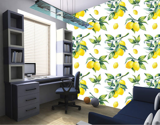 Lemon wallpaper, watercolor yellow vibrant wall mural, self-adhesive, peel and stick, temporary wallpaper, modern wall art