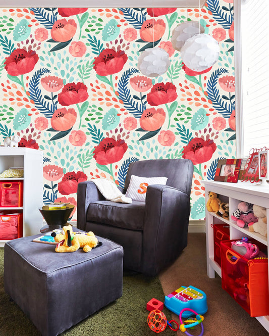 Poppy watercolor nursery wallpaper, peel and stick, nursery decor, Pink nursery, Girls nursery, Temporary wallpaper, Vintage wallpaper