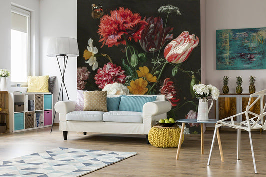 Dutch flowers oil painting, Dark floral peel and stick wallpaper, Wall mural, wall art, Dark flowers, Dark wall mural