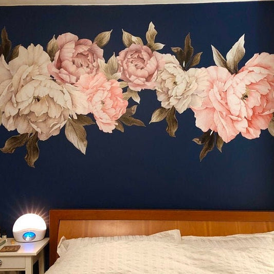 Watercolor peony wall decal - large self adhesive wallpaper - floral wallpaper mural - peel and stick wall decals for nursery and home wall decor.