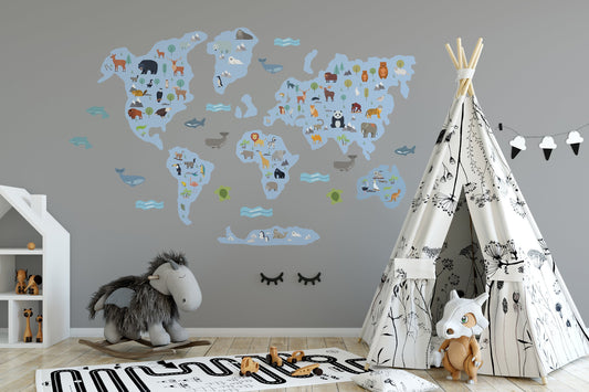 Blue World Map Wall Sticker, World Map Decal
