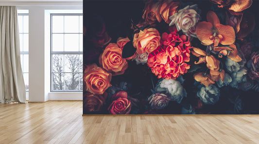Beautiful Vintage removable Wallpaper Dark Dutch Floral - Roses - Peel and Stick Flower and Blossom Wallpaper, Dark flowers