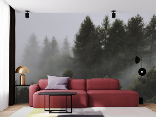 Pine forest in the mist - peel and stick, removable, Landscape Mural, Mountains, Wall Decoration, Wood, Nature, Forest Mural, Fresh Green