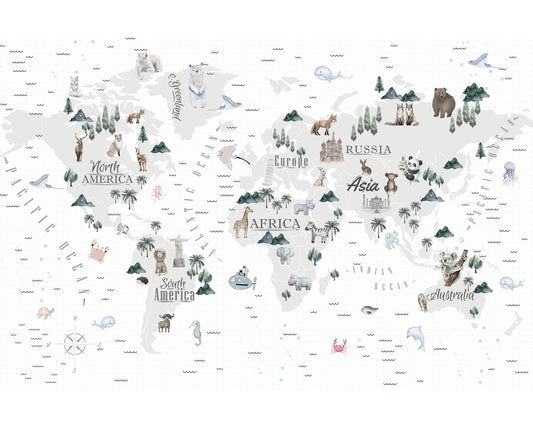 Classic World Map Wallpaper, Nursery, Illustration, Watercolor, Wall Art, Wall Cover #14