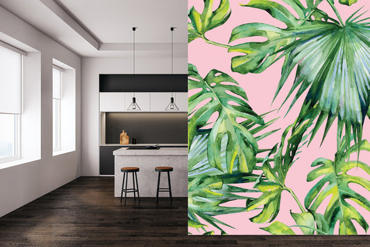 Pink Jungle wallpaper, peel and stick, Monstera Palm Leaf Wallpaper, Exotic Removable Wall Paper with Monstera Leaves, Green Jungle Mural