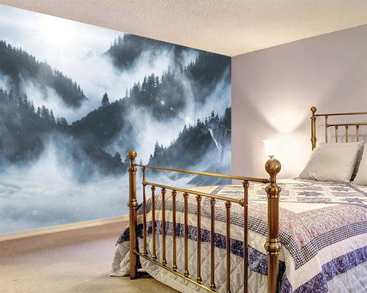 Artic Wolf ln Winter Mountains, Foggy Mountain, Wall Mural, Romantic Smoky, Wall Decal, Hill, Mist, Peel and stick, removable wallpaper