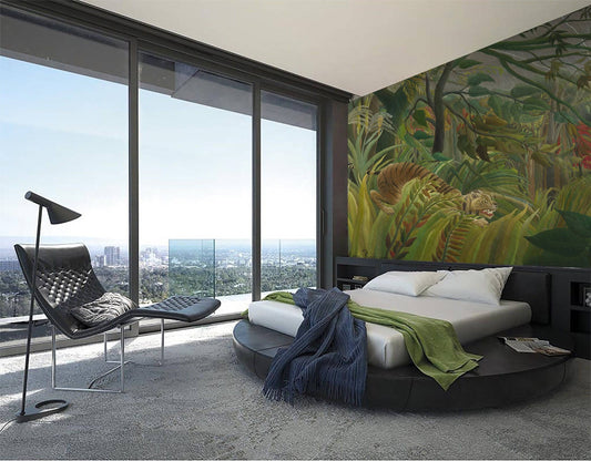 Tiger in a tropical storm by Rousseau Wallpaper, Jungle wallpaper, removable wallpaper, tropical, jungle, leaf wallpaper, wall mural