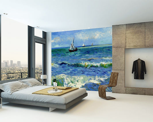 Watercolor seascape by van gogh wallpaper for nursery and home wall decor.