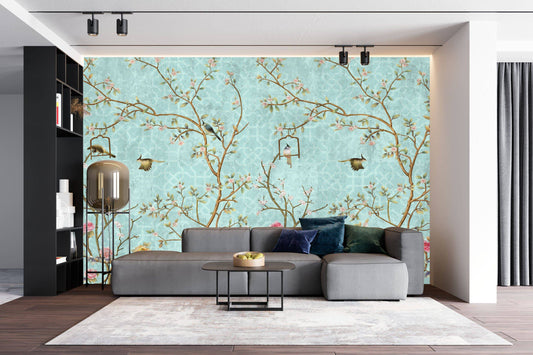 Chinoiserie wallpaper, Floral Murals Wallpaper with Birds, Peel and stick, Reusable Fabric Wallpaper Murals