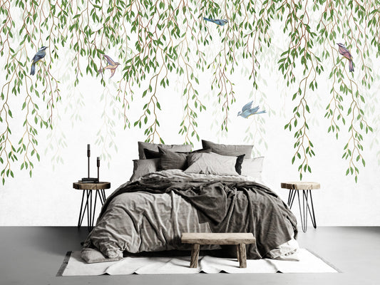Hanging Leaves Birds Tropical Wallpaper Floral Wall mural White Background Ivy Wall art Vine Trendy Wallposter Modern Room Design