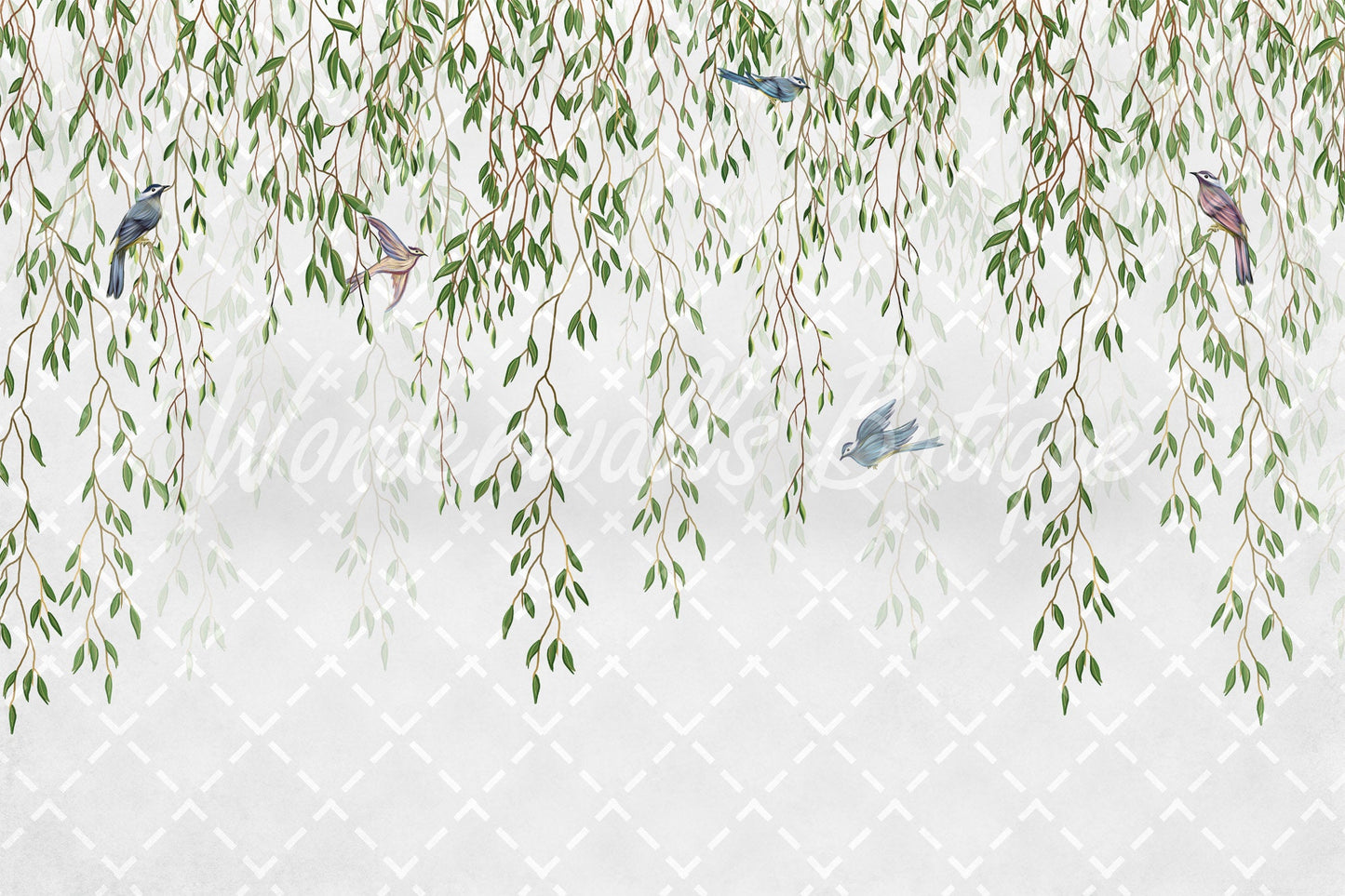 Hanging Leaves Birds Tropical Wallpaper Floral Wall mural White Background Ivy Wall art Vine Trendy Wallposter Modern Room Design