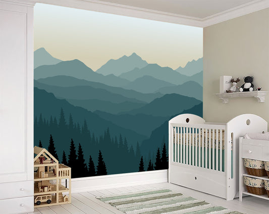 Mountain Mural Blue Ombré Mountain Wallpaper Forest Tree and Mountain Wallpaper Removable Wallpaper Nursery Wall Mural
