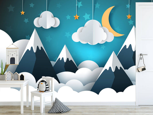 Wallpaper, photo wallpaper, nursery, baby room, mountains, moon, clouds, mobile, stars, smooth fleece, desired format