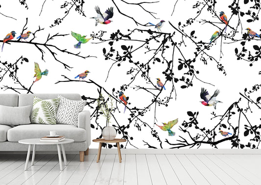 Colorful birds self adhesive removable wall mural, Birds wallpaper, Temporary wall art, Peel and stick, Wall Art, Wall decor, Home decor