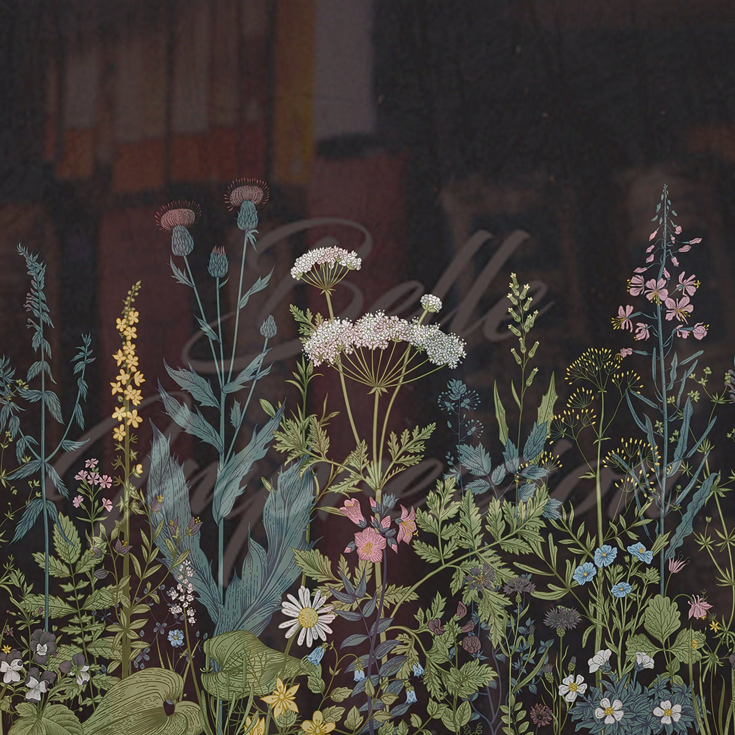 Wild floral herbs, Botanical Wallpaper, Ferns Wallpaper, Green Home Décor, Herbal Decorations, Peel and stick, Removable Wallpaper