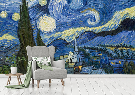 Watercolor starry night by van gogh wallpaper peel and stick for nursery and home wall decor.