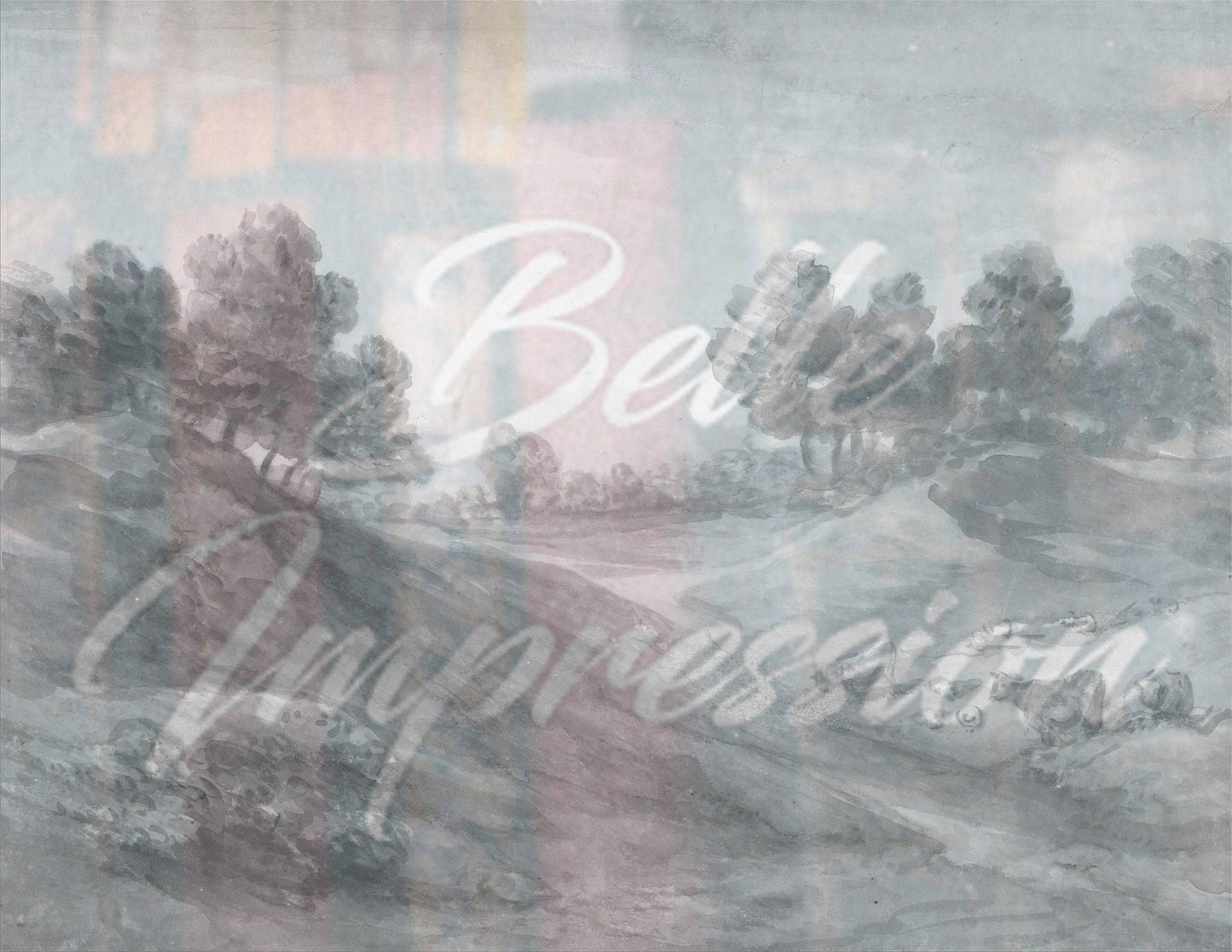 Vintage countryside painting wall mural, Reusable Wall paper, Vintage art wallpaper, Landscape mural, Fine Wall art, Monochrome wall mural