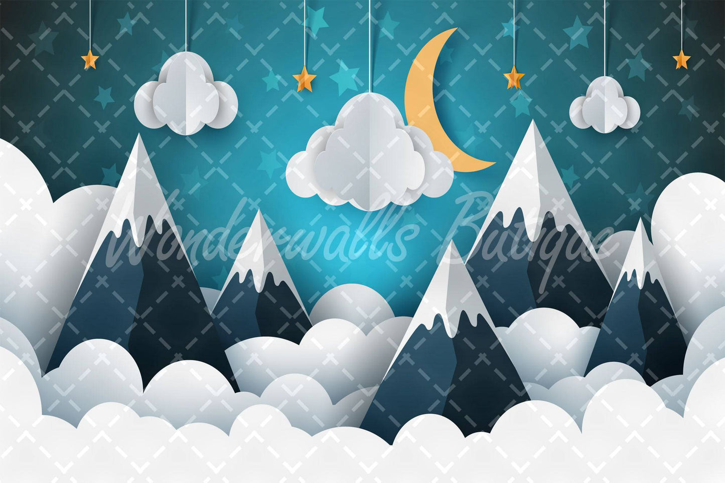 Wallpaper, photo wallpaper, nursery, baby room, mountains, moon, clouds, mobile, stars, smooth fleece, desired format
