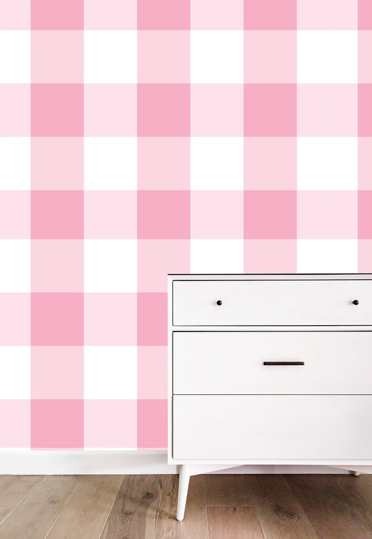 Watercolor pink gingham wallpaper peel and stick wallpaper re... for nursery and home wall decor.