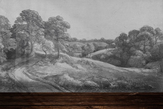 Countryside wall mural, Removable wallpaper, Drawing wallpaper, Vintage style, Wall decor, Wall art, Watercolor, Retro, Scenic painting