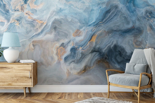 Marble aquarelle textured Wallpaper Mural - Blue and yellow removable wallpaper, peel and stick option