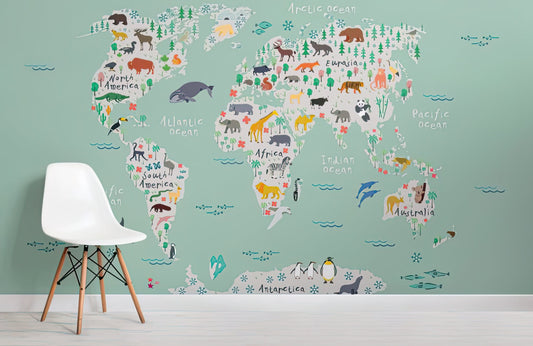 Watercolor giant safari kids safari map wallpaper mural mural for nursery and home wall decor.