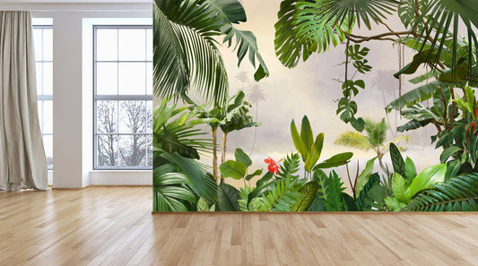Rainforest tropical Wallpaper, Peel and Stick jungle flower and leaves mural with palm trees, Green decor, Trending murals, Fast selling