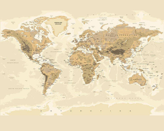 Sepia World Wall Mural, Kids, Room, Wall Cover, Design, Nursery - Classic - Home Decor, Living Room, Bedroom, World Map Decal, vintage map