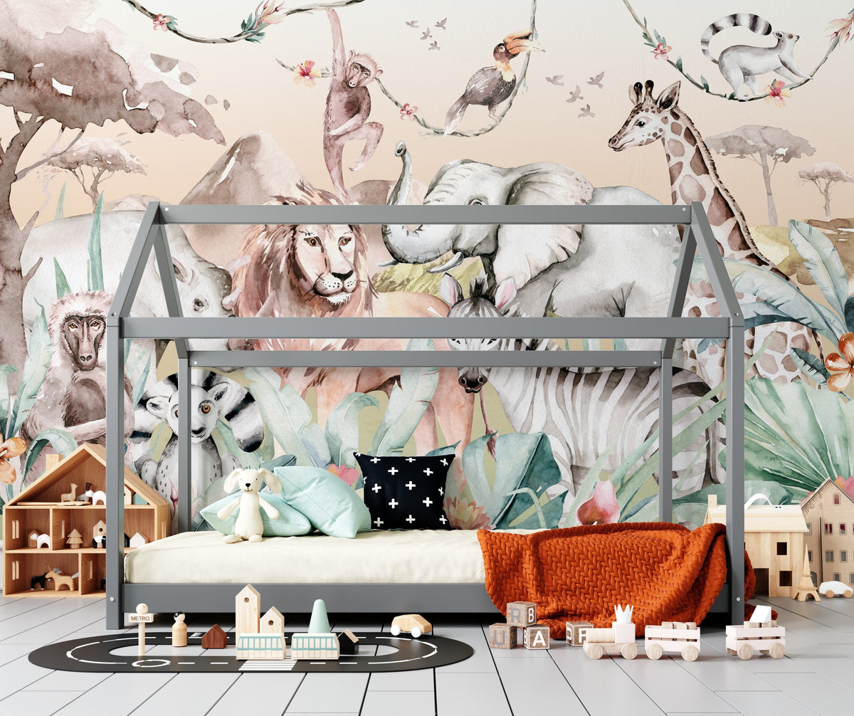BOHO Mural Wallpaper, Safari Wall Mural, Nursery Jungle Animals, Nursery Decor, Kids Wallpaper, Safa - Unique Wall Decal by Wonderwallsboutique