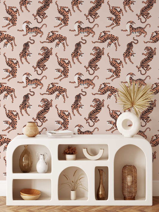 Boho Neutral Rose Tiger Wallpaper Removable Peel and Stick Wallpaper, Animal Print Repositionable Peel and Stick Wallpaper