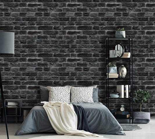 Removable Peel 'n Stick Wallpaper, Self-Adhesive Wall Mural, Black Gray Brick Pattern, Nursery, Wall Room Decor • Realistic Brick Wall