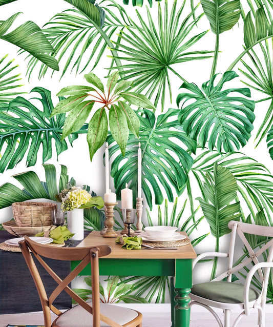Monstera Palms Peel and Stick Wallpaper | Removable Tropical Leaves Mural | Self Adhesive or Pre-Pasted Wallpaper | Eco Friendly