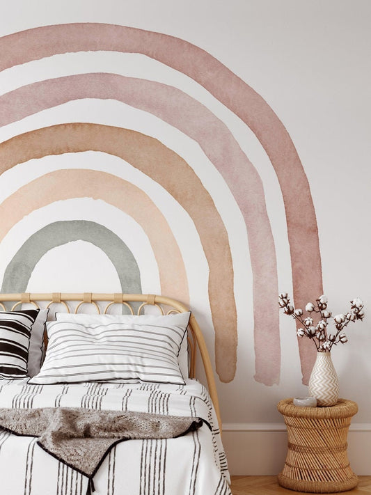 Mural Rainbow Mural Sweet Neutral Boho with white background - Rainbow Nursery Traditional Pre-pasted or Peel and Stick Wallpaper