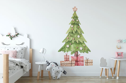 Watercolor christmas wall decal, christmas decoration, christmas tree wall stickers, eco nursery decal, wooden toys for nursery and home wall decor.