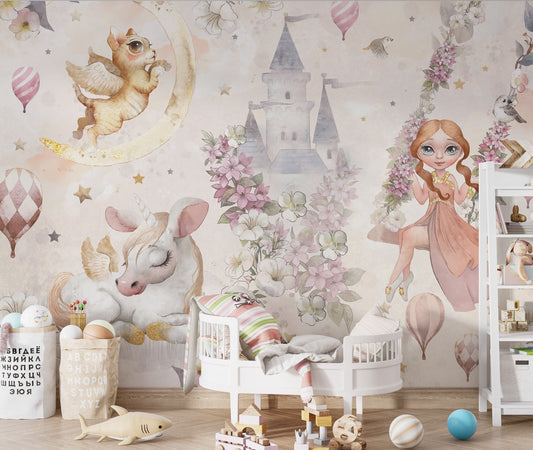 Magical Castle and Unicorns Wall Mural