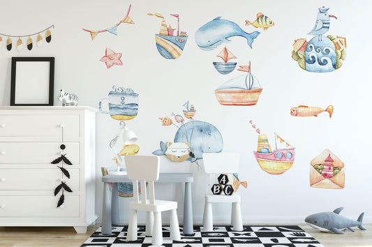Waterland Dolphine Wall decal for kids / ocean / sea / fish / underwater set / hand painted / watercolor
