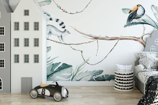 Safari Animals Wallpaper, Kids Wall Mural with hand painted animals