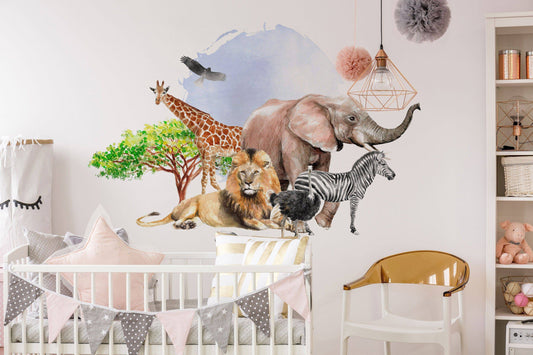 Safari Wallpaper with exotic animals, Peel and Stick, flamingo, giraffe, jungle, monkey, tropical, watercolor, leaves, nursery, kids