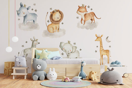 Forest animals Nursery wall decal, Watercolor animal wall stickers, Clouds wall decal, Moon wall sticker, Baby Gender Neutral Wall artDecor