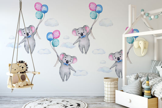 Australian Animals Hot Air Balloon Wall Decal, Koala Watercolour Nursery Decor, Aussie Animal Wall Stickers