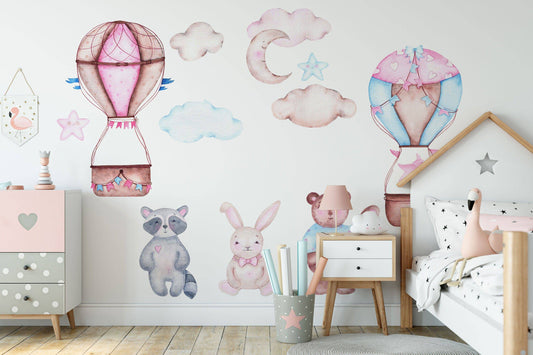 Hot Air Balloon Wall decal, Nursery decal Personalized Name, Watercolor Safari animals wall sticker, Baby girl, Jungle animal decor Wall art