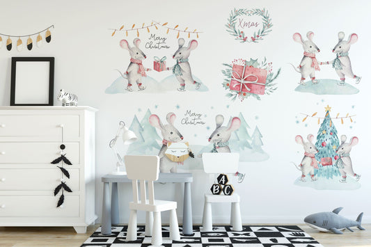 Woodland Christmas Wall Decal; Christmas Tree & Animals Sticker Set; Christmas and New Year Decoration; Peel and Stick Christmas Wall Mural