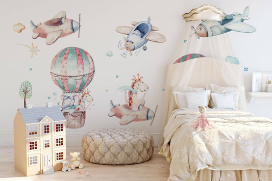 Repositionable Fabric Wall Decal, Nursery wall sticker, Bears wall decal, Transportation wall decal, Hot air Balloon decal